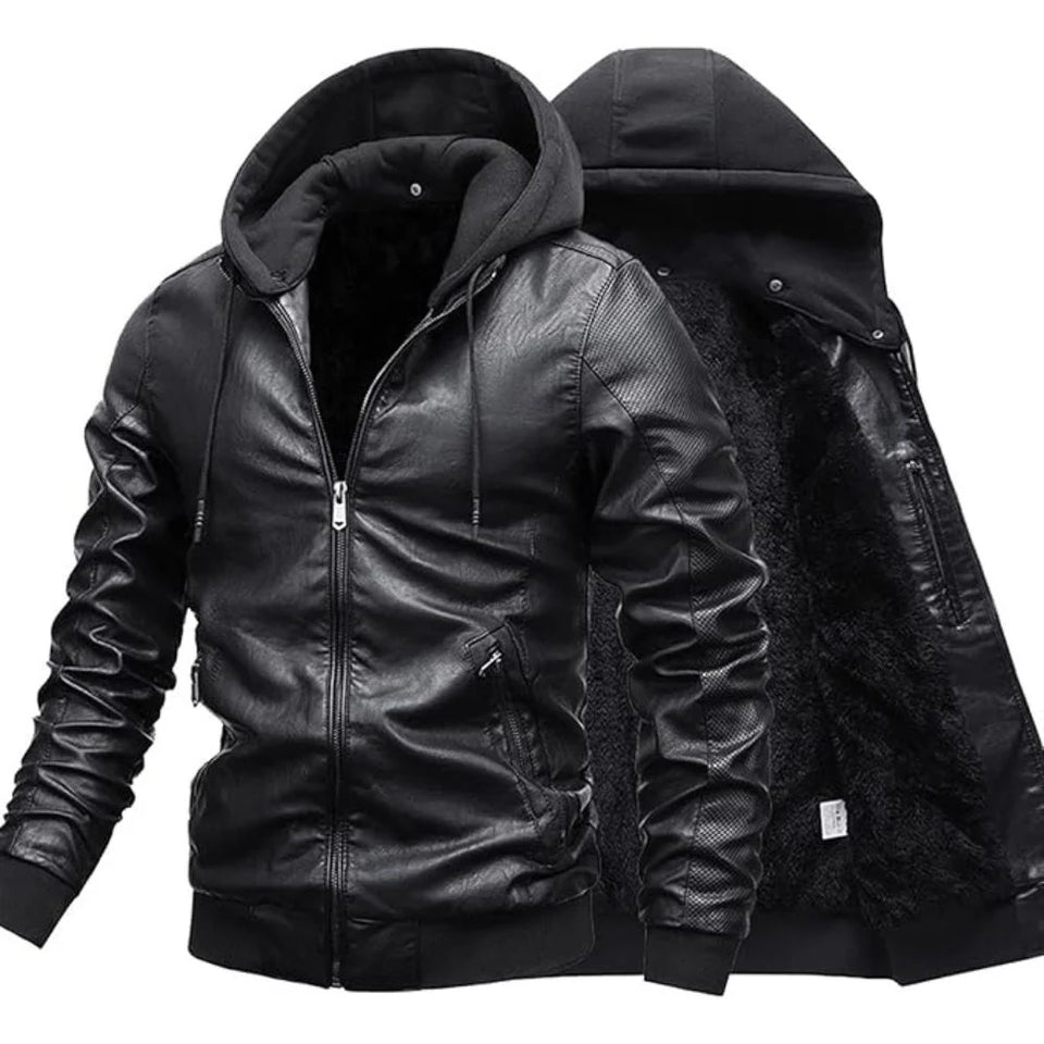 Black Sheepskin Faux Shearling Fur Lining Hoodie Leather Jacket for Men