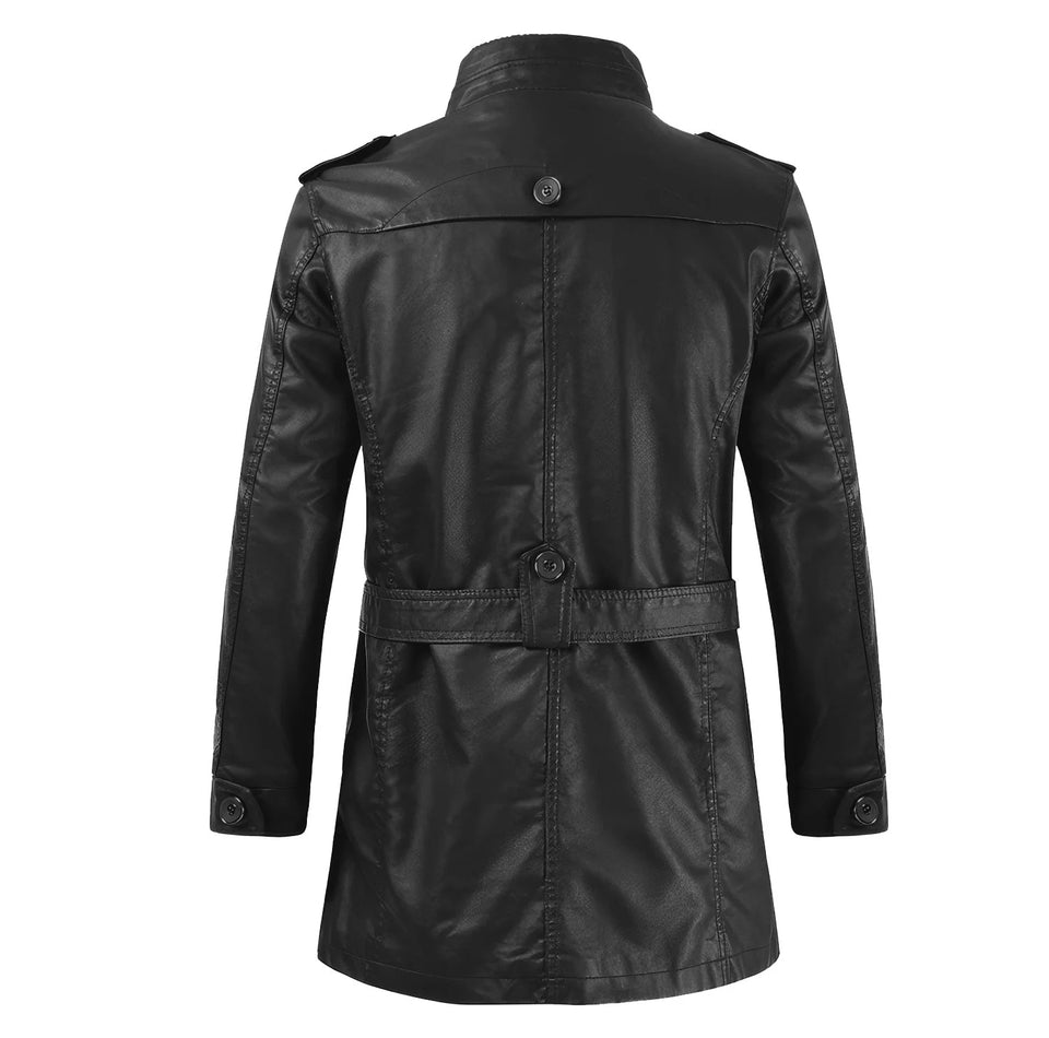 Classic Black Genuine Sheepskin Trench Leather Coat for Men