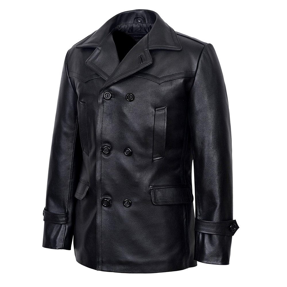 Vintage Black German Classic WW2 Officer Lambskin Leather Coat For Men