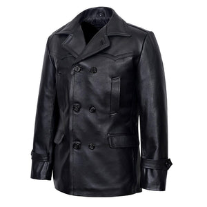 Vintage Black German Classic WW2 Officer Lambskin Leather Coat For Men