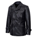 Vintage Black German Classic WW2 Officer Lambskin Leather Coat For Men
