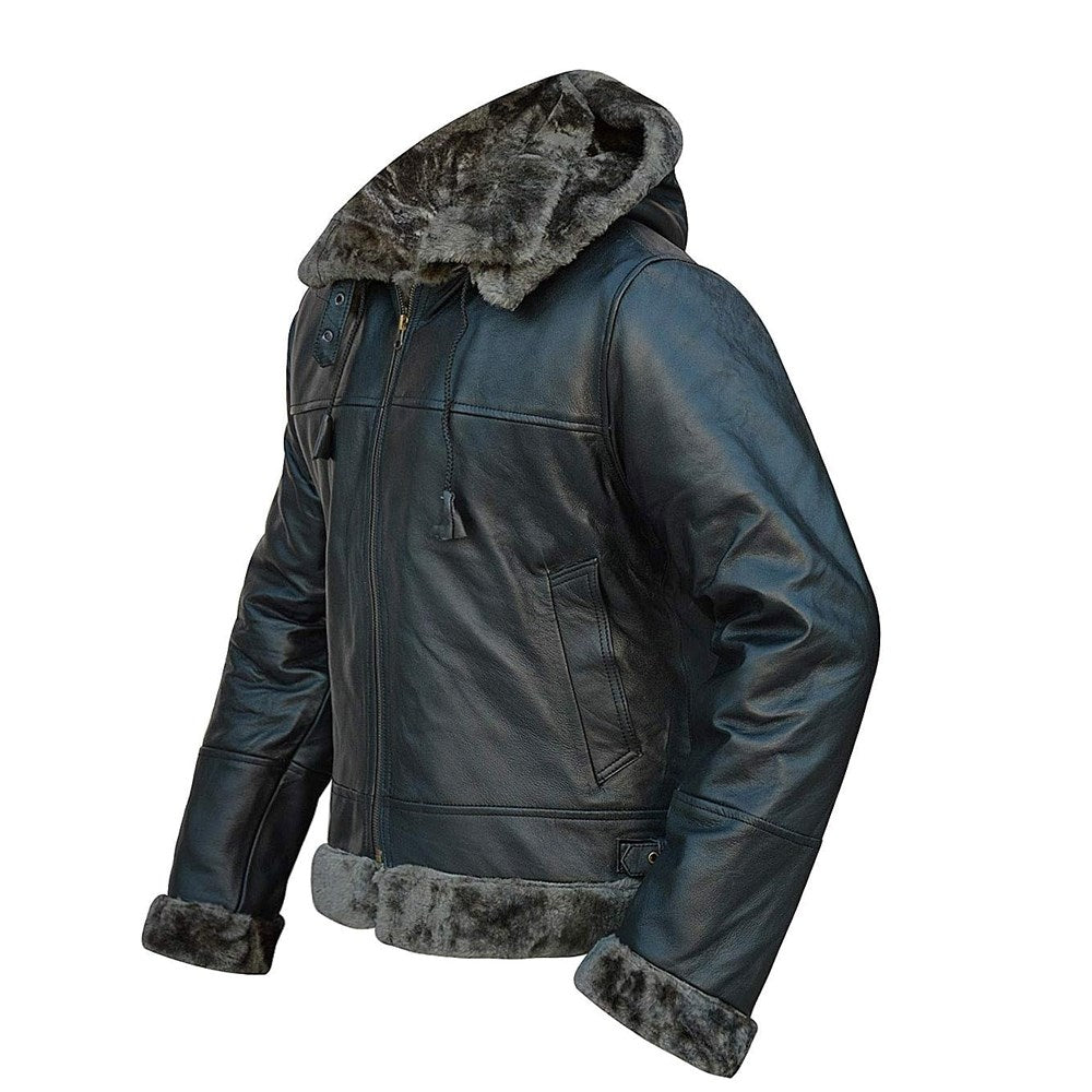 Aviator Black Removable Hood Shearling Sheepskin Leather Jacket for Men