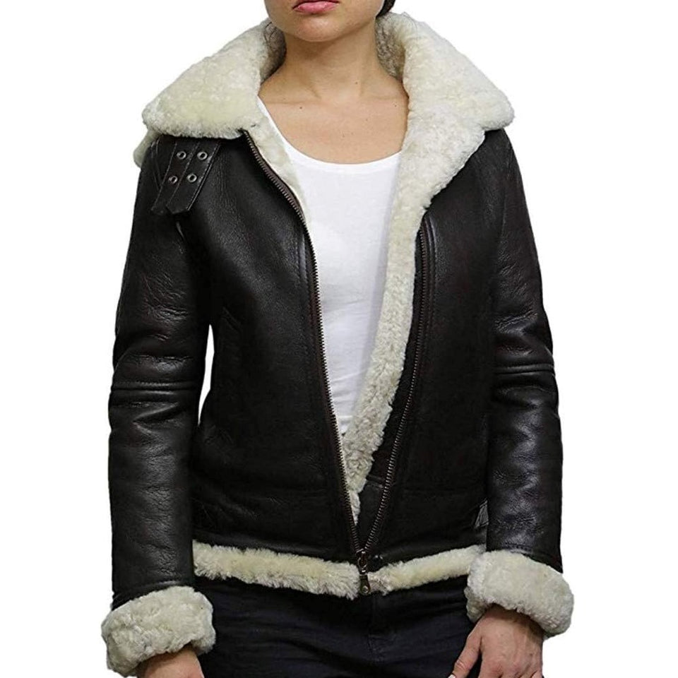 B3 Hooded Bomber White Fur Faux Shearling Sheepskin Leather Jackets for Women