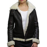 B3 Hooded Bomber White Fur Faux Shearling Sheepskin Leather Jackets for Women
