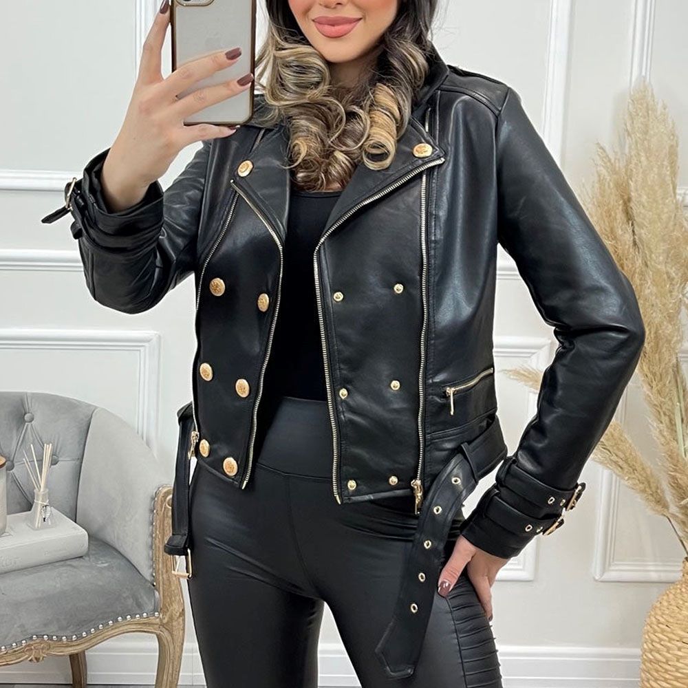 Gold Accents Zipper Closure Premium Sheepskin Leather Motorcycle Jacket for Women