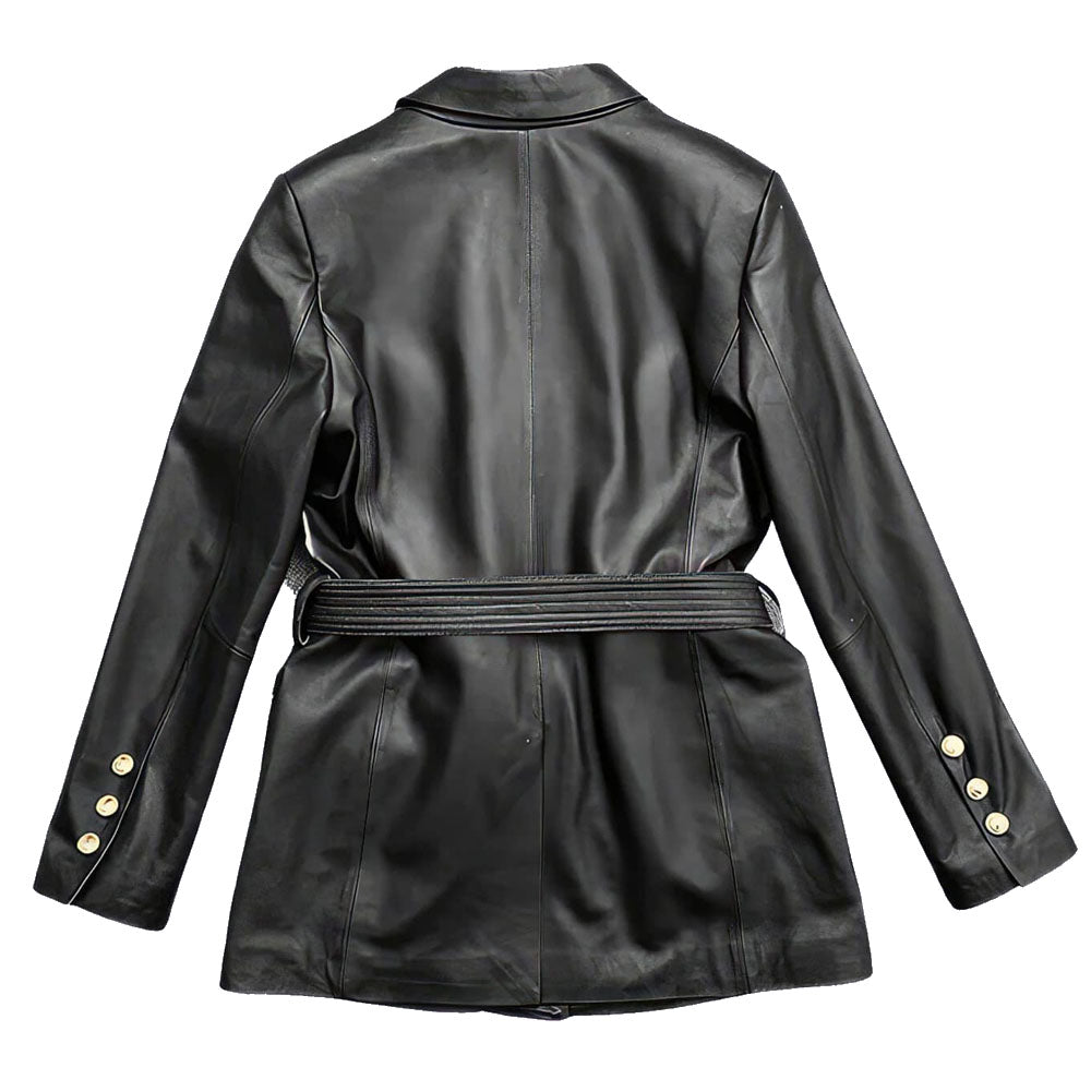Solid Black Safari Belted Premium Sheepskin Leather Coat for Women