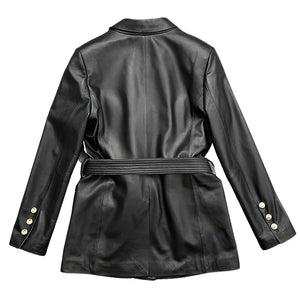 Solid Black Safari Belted Premium Sheepskin Leather Coat for Women