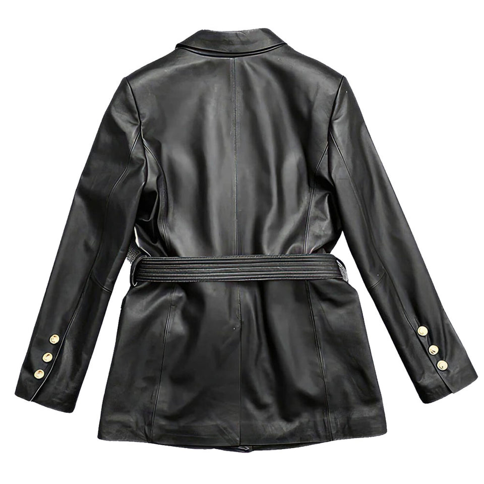 Solid Black Safari Belted Premium Sheepskin Leather Coat for Women