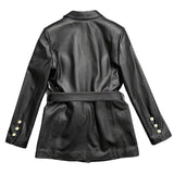 Solid Black Safari Belted Premium Sheepskin Leather Coat for Women