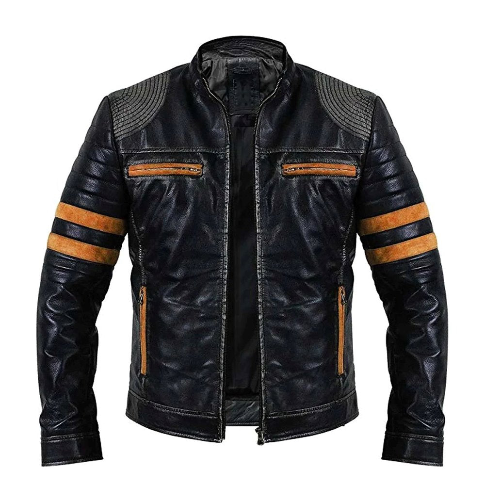 Men's Vintage Distressed Black Leather Biker Jacket with Quilted Shoulders and Stripes