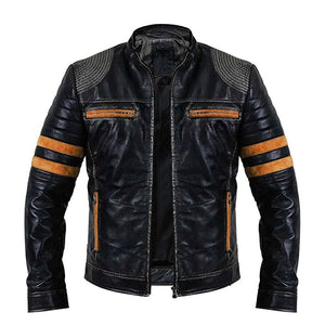 Men's Vintage Distressed Black Leather Biker Jacket with Quilted Shoulders and Stripes