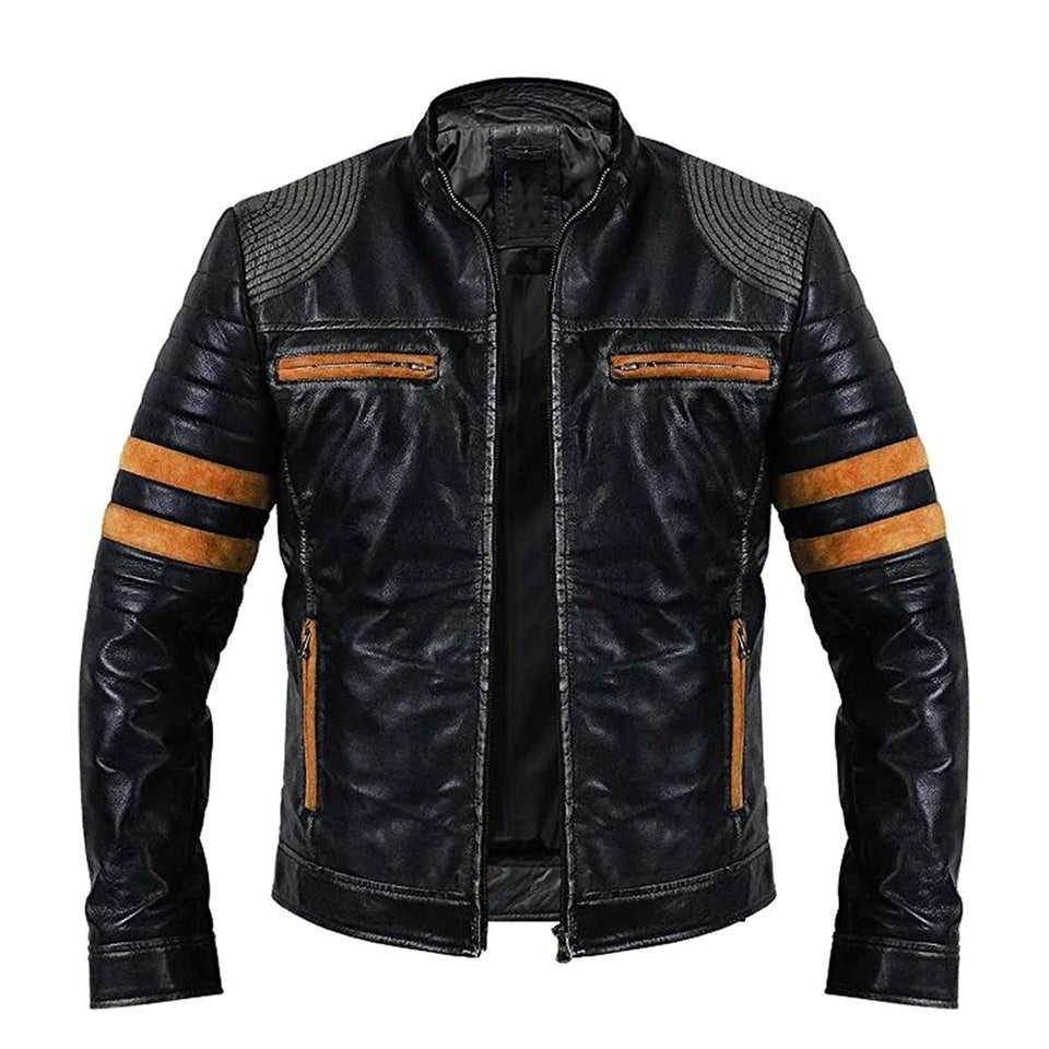 Men's Vintage Distressed Black Leather Biker Jacket with Quilted Shoulders and Stripes