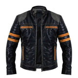 Men's Vintage Distressed Black Leather Biker Jacket with Quilted Shoulders and Stripes