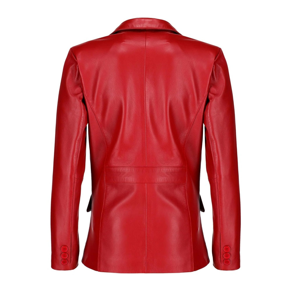 Black Notched-Collar Casual Genuine Sheepskin Leather Blazer for Women