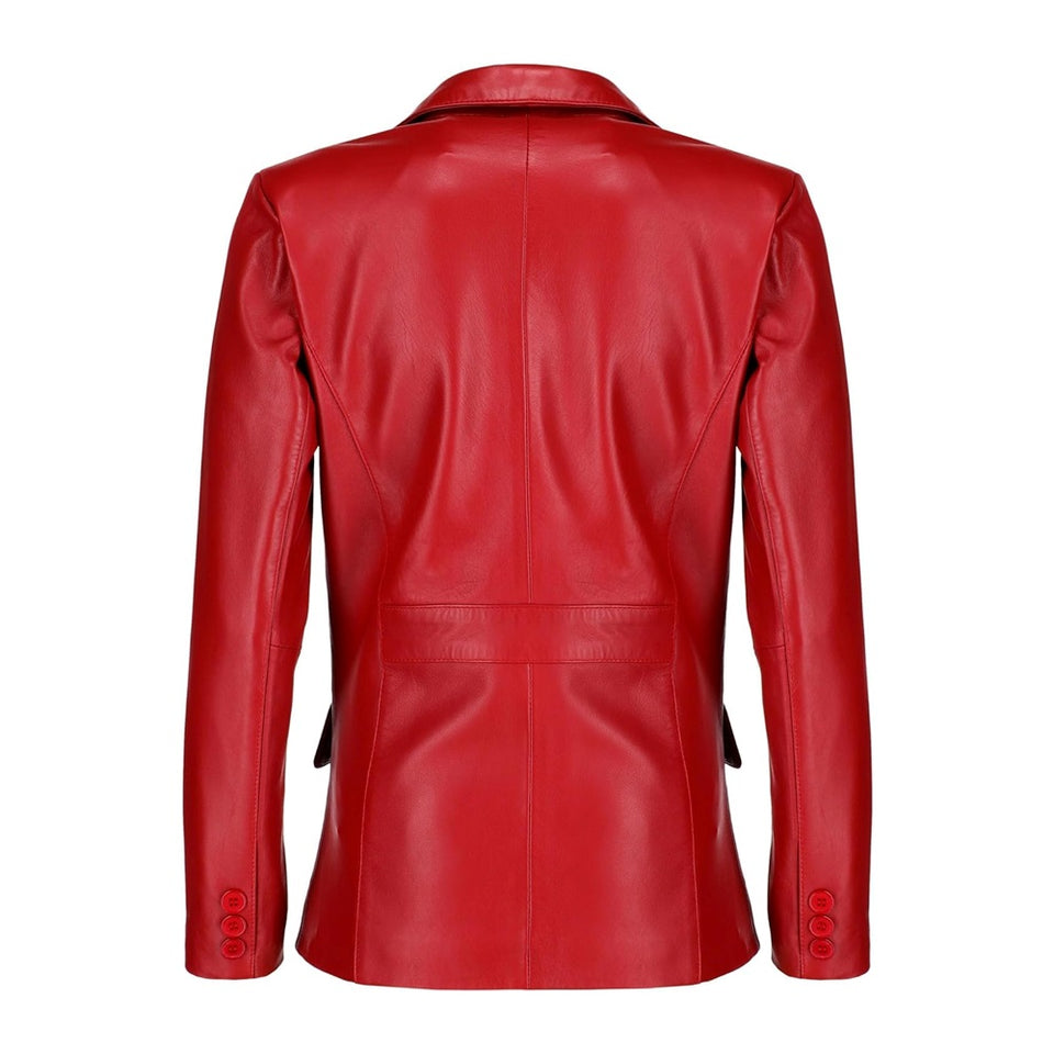 Black Notched-Collar Casual Genuine Sheepskin Leather Blazer for Women