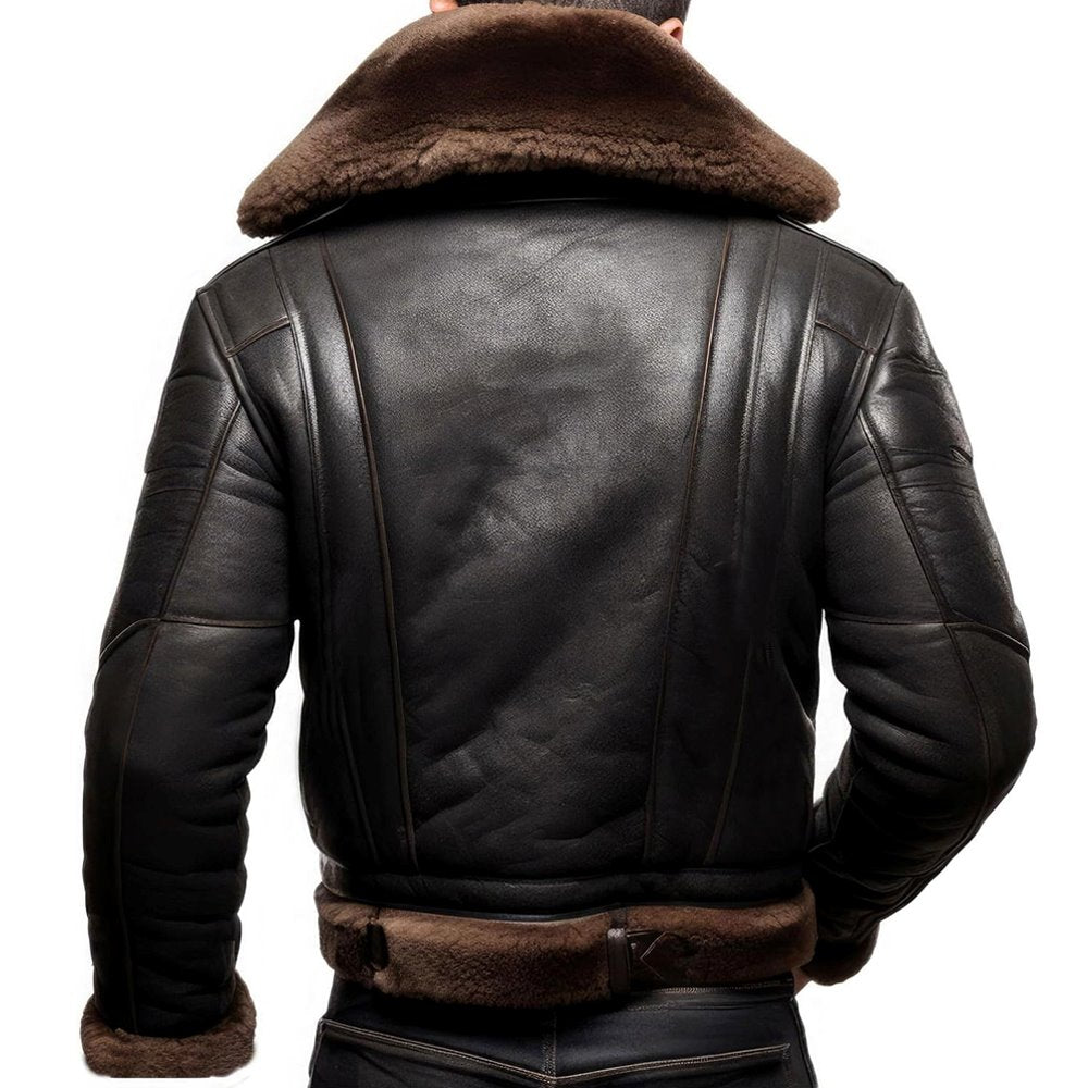 Black Aviator B3 Bomber Faux Fur Genuine Cowhide Leather Jacket for Men