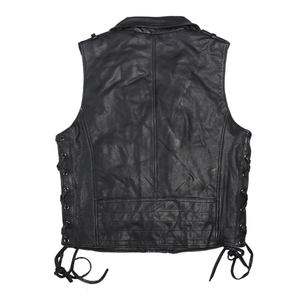 Vintage Retro Black Motorcycle Genuine Cowhide Leather Vest for Men