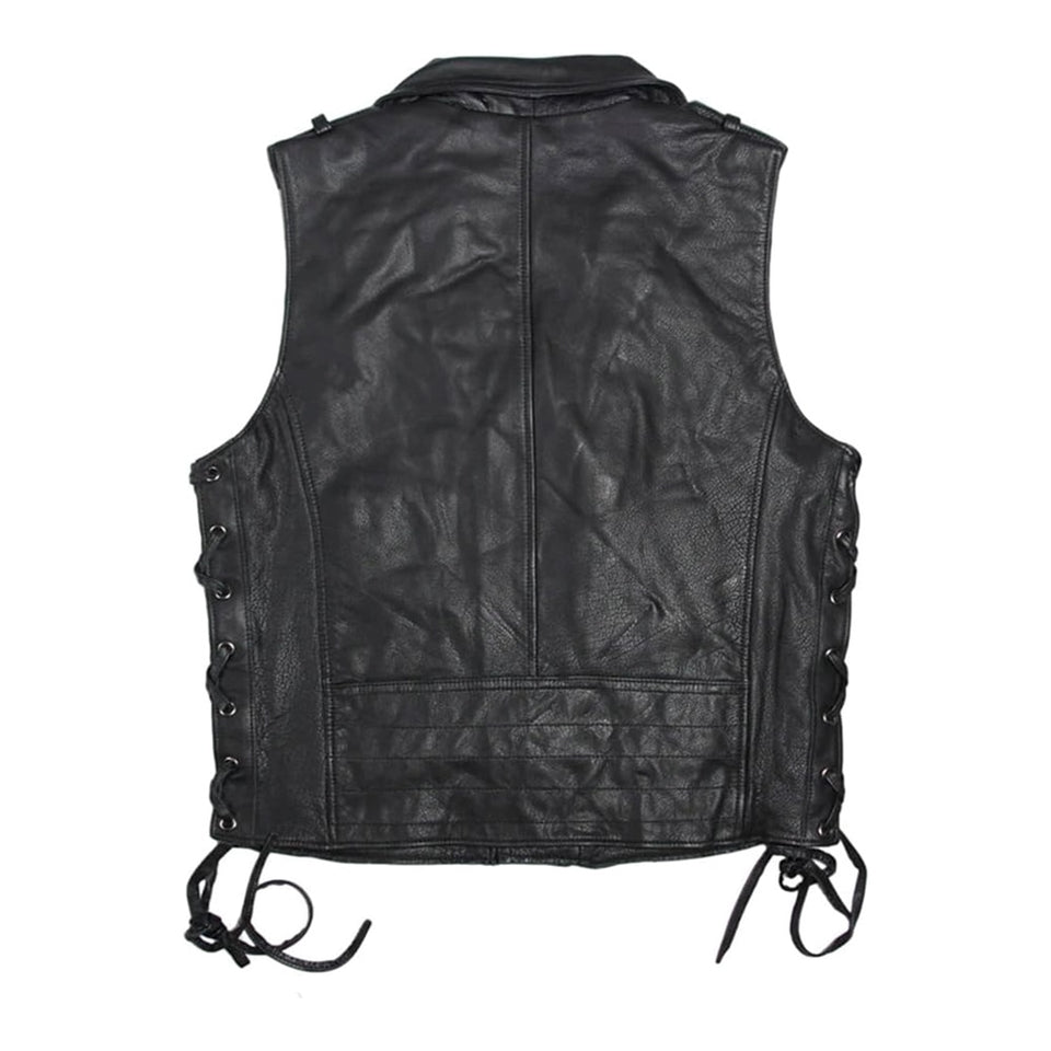 Vintage Retro Black Motorcycle Genuine Cowhide Leather Vest for Men