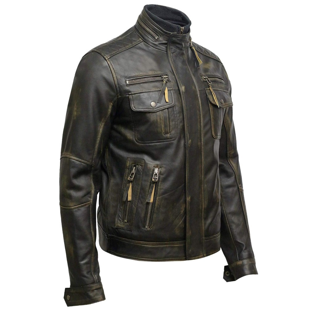 Distressed Brown Motorcycle Genuine Cowhide Leather Jacket for Men