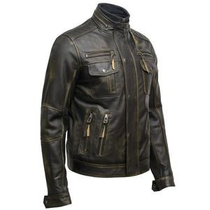 Distressed Brown Motorcycle Genuine Cowhide Leather Jacket for Men
