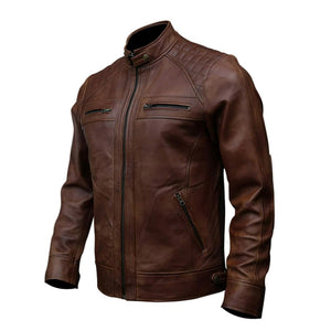 Brown Stand-up Collar Genuine Sheepskin Diamond Leather Biker Jacket For Men