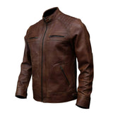 Brown Stand-up Collar Genuine Sheepskin Diamond Leather Biker Jacket For Men
