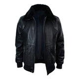 Black Aviator Bomber  Fur Collar Sheepskin Leather Jacket For Men