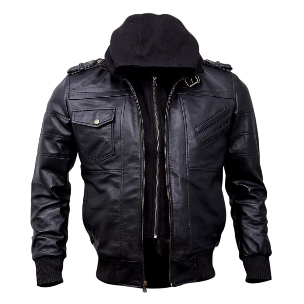 Bomber Removable Hooded Sheepskin Leather Jacket for Men