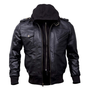 Bomber Removable Hooded Sheepskin Leather Jacket for Men