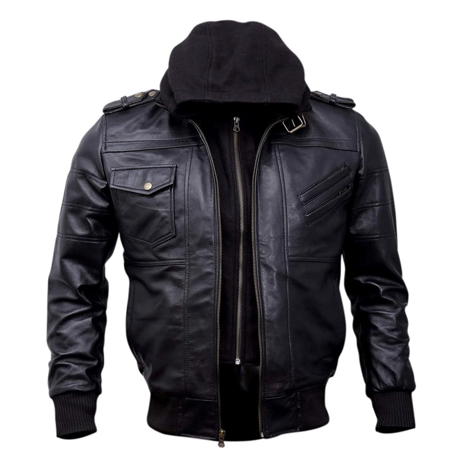 Bomber Removable Hooded Sheepskin Leather Jacket for Men