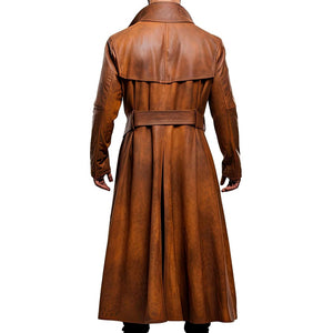 Distressed Brown Long Fitted Trench Premium Sheepskin Leather Coat for Men
