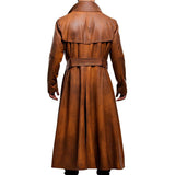 Distressed Brown Long Fitted Trench Premium Sheepskin Leather Coat for Men