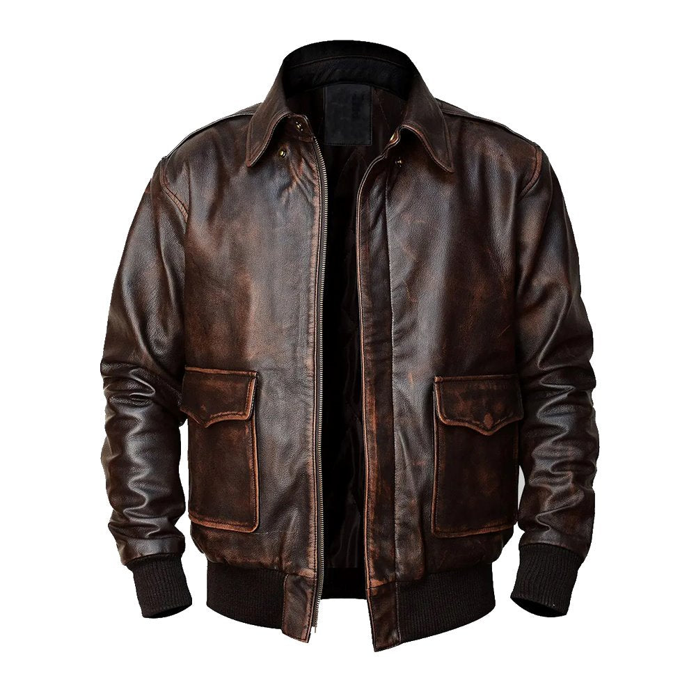A2 Aviator Distressed  Cowhide Brown Bomber Genuine Leather Jacket For Men