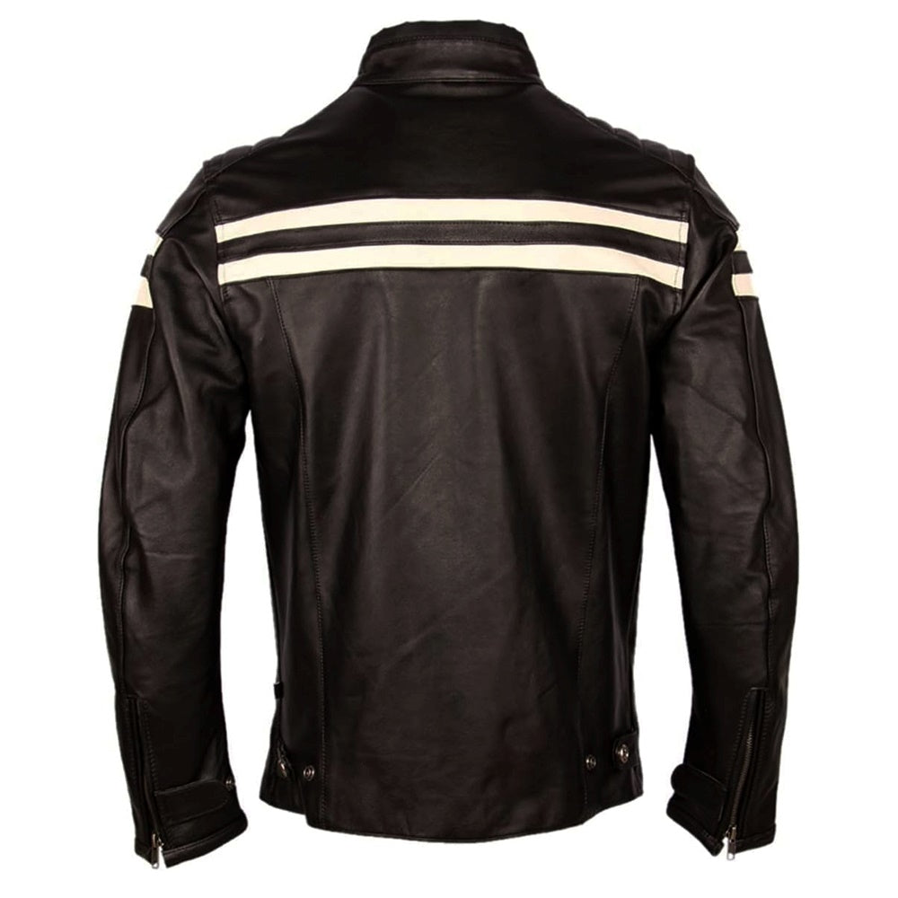 Stylish Cafe Racer White Stripped Black Genuine Leather Jacket for Men