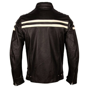 Stylish Cafe Racer White Stripped Black Genuine Leather Jacket for Men