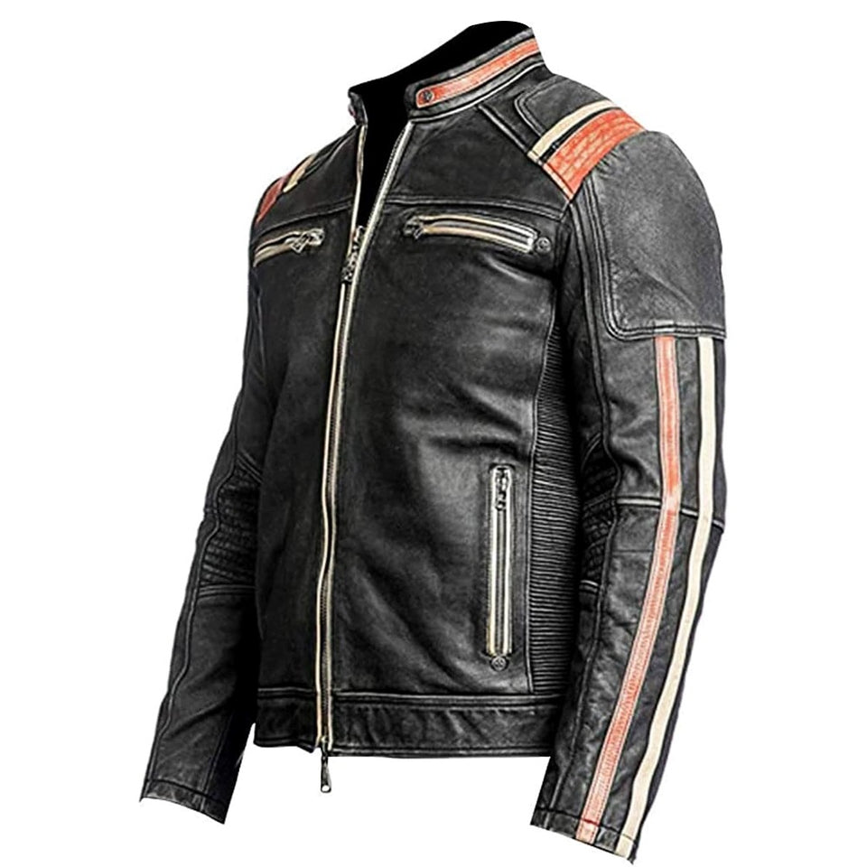 Vintage Distressed Black Café Racer Lambskin Leather Jacket For Men