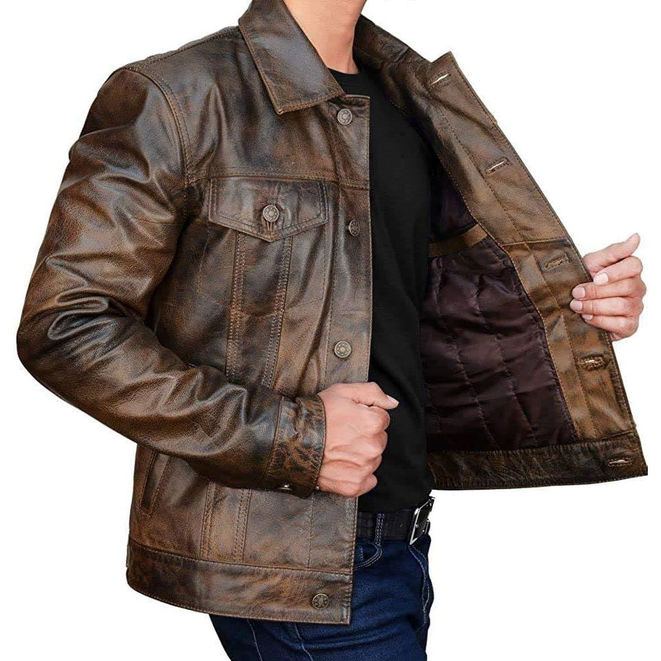 Trucker Vintage Style Real Lambskin Leather Jacket for Men