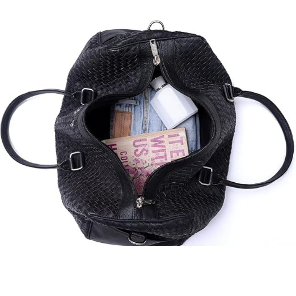 Braided Design - Hair On Black Cowhide Genuine Leather Duffel Bag