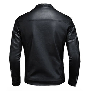 Black Stand-Up Collar Biker Genuine Sheepskin Leather Jacket for Men