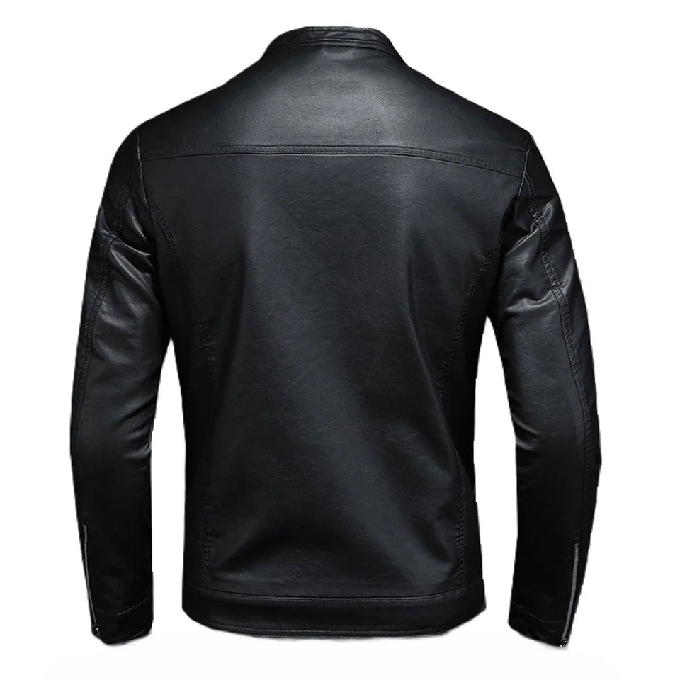 Black Stand-Up Collar Biker Genuine Sheepskin Leather Jacket for Men