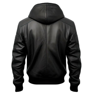 Black Bomber Hooded Biker Genuine Cowhide Leather Jacket for Men