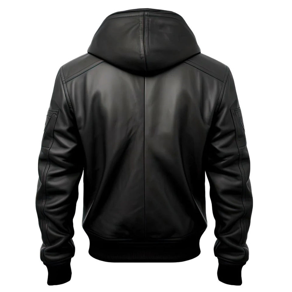 Black Bomber Hooded Biker Genuine Cowhide Leather Jacket for Men