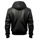 Black Bomber Hooded Biker Genuine Cowhide Leather Jacket for Men