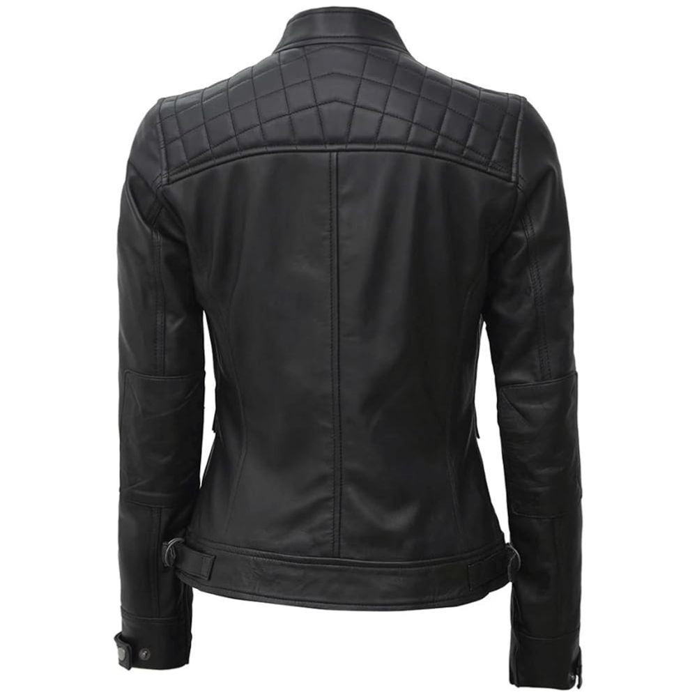 Black Quilted Café Racer Leather Jacket for Women