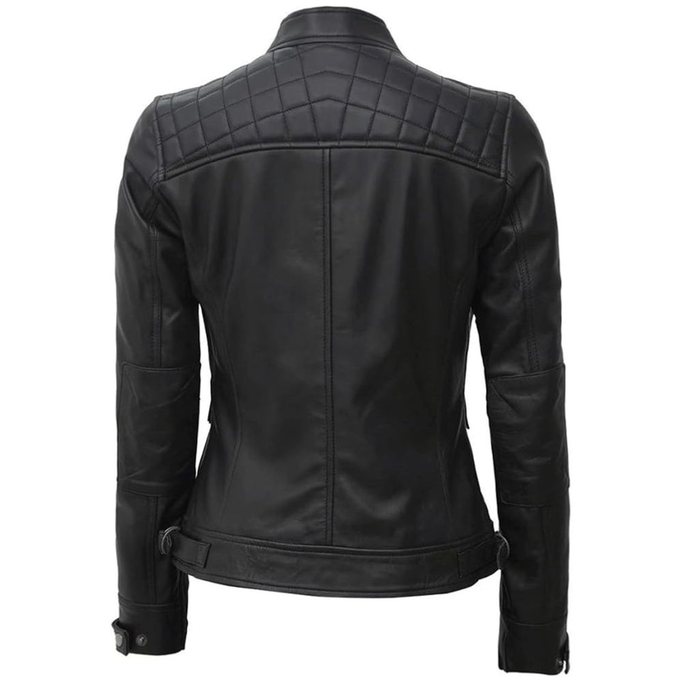 Black Quilted Café Racer Leather Jacket for Women