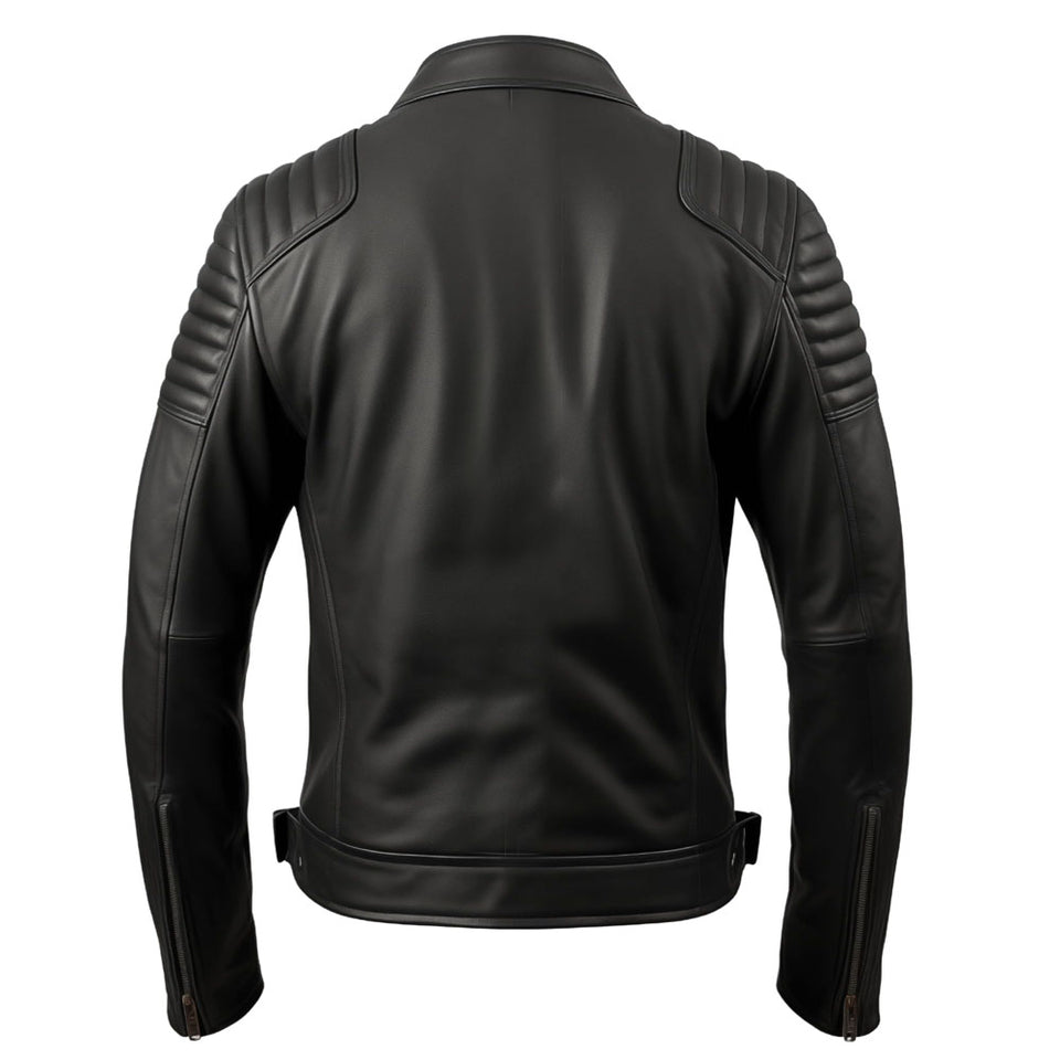 Black Genuine Sheepskin Quilted Style Motorcycle Leather Jacket for Men