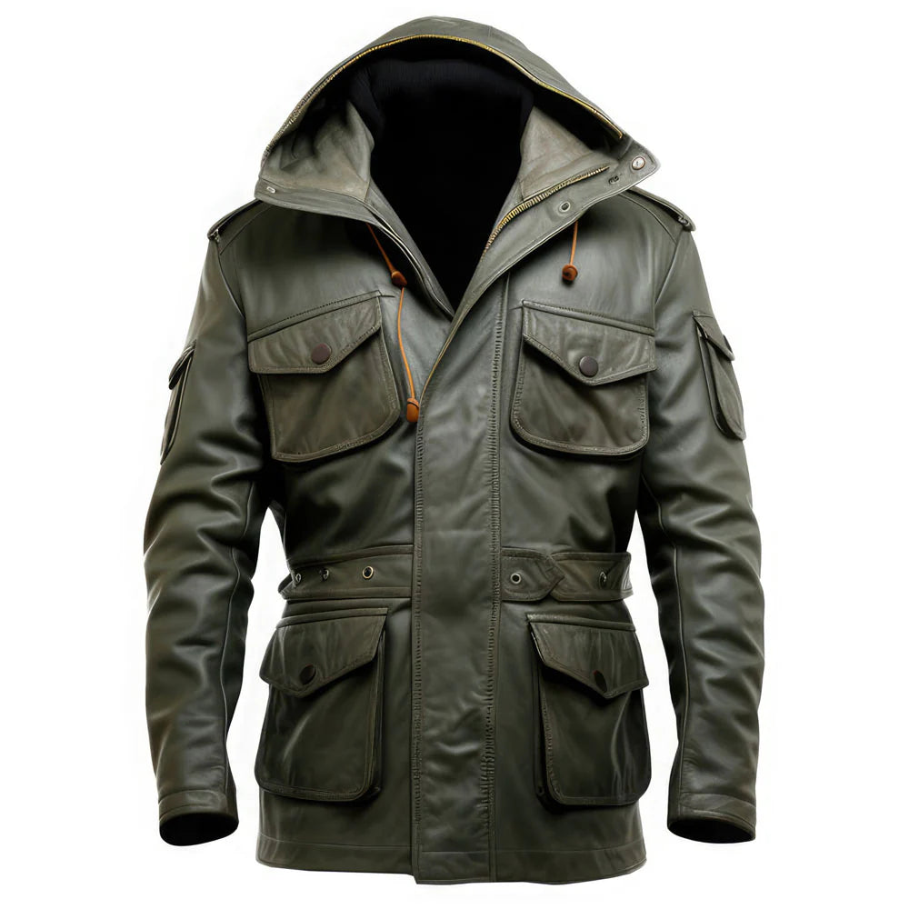 Olive Green  Genuine Sheepskin Military Style  Warm Leather Coat for Men