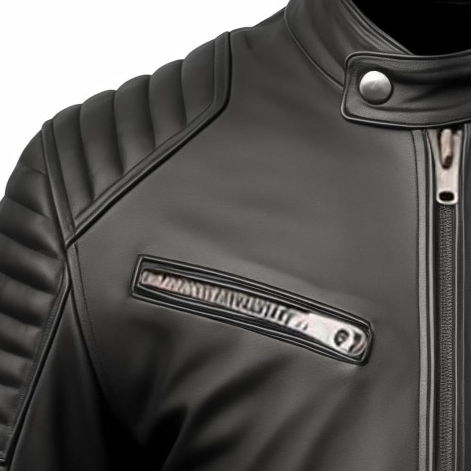 Black Genuine Sheepskin Quilted Style Motorcycle Leather Jacket for Men