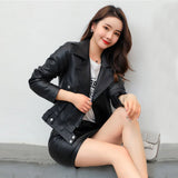 Black Slim-Fit Motorcycle Genuine Sheepskin  Leather Jacket for Women