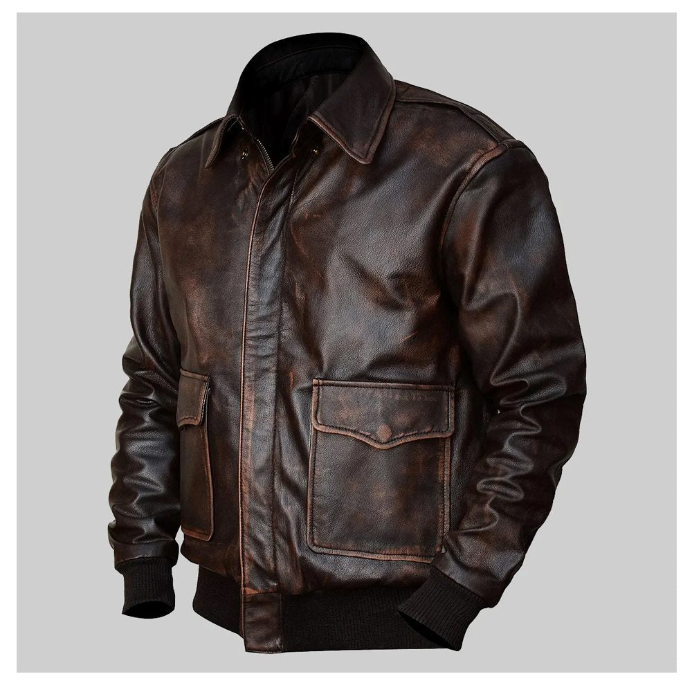 A2 Aviator Distressed  Cowhide Brown Bomber Genuine Leather Jacket For Men